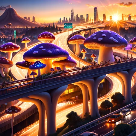 mushroom metropolis, mushroom architecture, intricate details, fantastical urban environment, busy traffic, overpass highway, glowing structures, vibrant city lights, hyper-realistic, detailed landscape, cinematic view, professional shot, ethereal glow, wide shot, dusk setting
<lora:SDXLHighDetail_v5:1> <lora:Chiaroscuro Lighting Style:1> Chiaroscuro Lighting Style, partially covered in shadow <lora:volumetric lighting style v2:1> volumetric lighting style, lens flare,