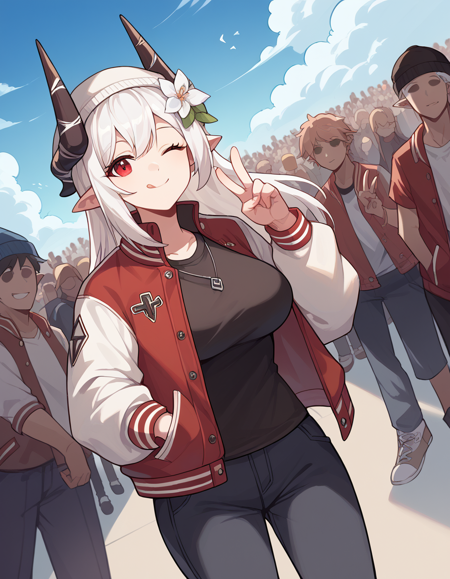 score_9, score_8_up, score_7_up, source_anime, <lora:arknights-mudrock-ponyxl-lora-nochekaiser:1>, mudrock, hair flower, flower, red eyes, white hair, long hair, large breasts, pointy ears, hair ornament, horns,, <lora:letterman-jacket-ponyxl-lora-nochekaiser:1>, letterman jacket, jacket,, outdoors, crowd, people, v, v over eye, one eye closed, tongue out, smile, beanie, pants, open clothes, open jacket, , cowboy shot, dutch angle