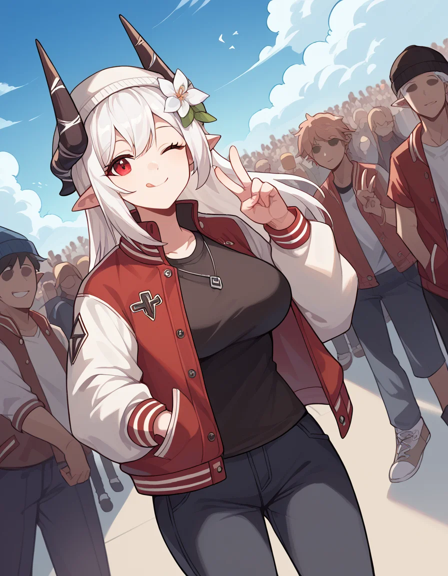 score_9, score_8_up, score_7_up, source_anime, <lora:arknights-mudrock-ponyxl-lora-nochekaiser:1>, mudrock, hair flower, flower, red eyes, white hair, long hair, large breasts, pointy ears, hair ornament, horns,, <lora:letterman-jacket-ponyxl-lora-nochekaiser:1>, letterman jacket, jacket,, outdoors, crowd, people, v, v over eye, one eye closed, tongue out, smile, beanie, pants, open clothes, open jacket, , cowboy shot, dutch angle