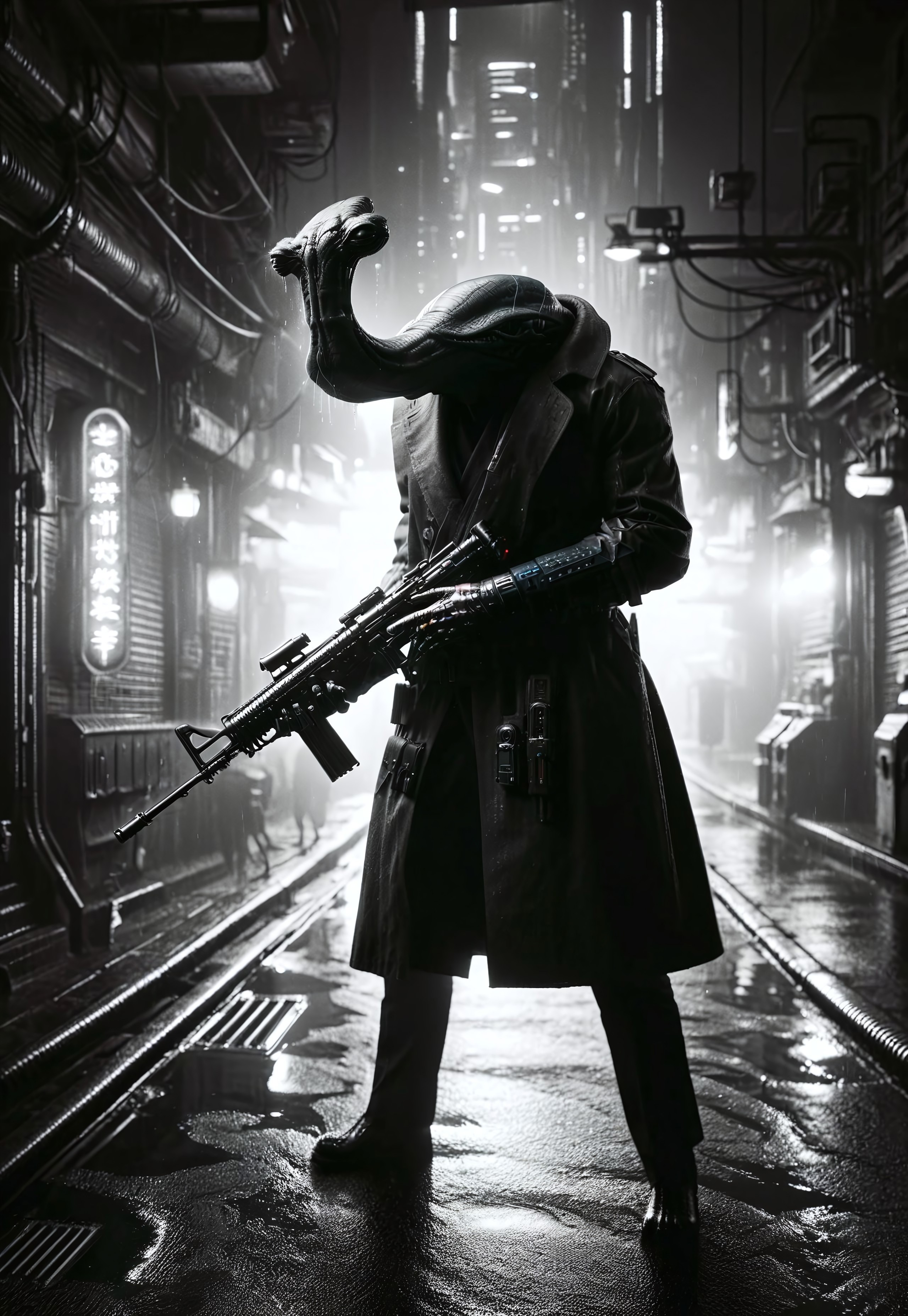 ithorian hammerhead alien with (Thompson Submachine Gun:1.2), trenchcoat, rain, cyberpunk, noir, 1940s  mad-neon-noir, mad-cybrpnkimprss, masterpiece, best quality, ultra high res, deep shadow, raw photo, film grain, Fujifilm XT3, 8k uhd, dslr