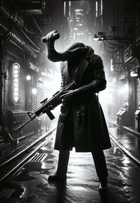 ithorian hammerhead alien with (Thompson Submachine Gun:1.2), trenchcoat, rain, cyberpunk, noir, 1940s mad-neon-noir, mad-cybrpnkimprss, masterpiece, best quality, ultra high res, deep shadow, raw photo, film grain, Fujifilm XT3, 8k uhd, dslr