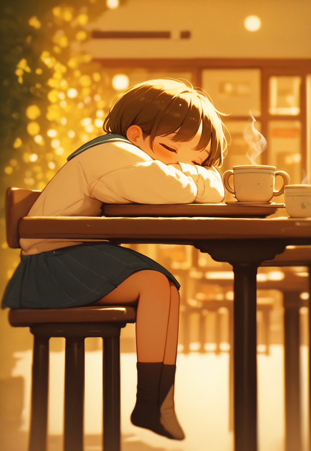score_9, score_8_up, score_7_up, score_6_up, score_5_up, score_4_up, 1girl, (boring expressive:1.5), cute, kawaii, head rest, sitting on stool chair, cafe, depth of field, cute sleeping on table, cute socks, 