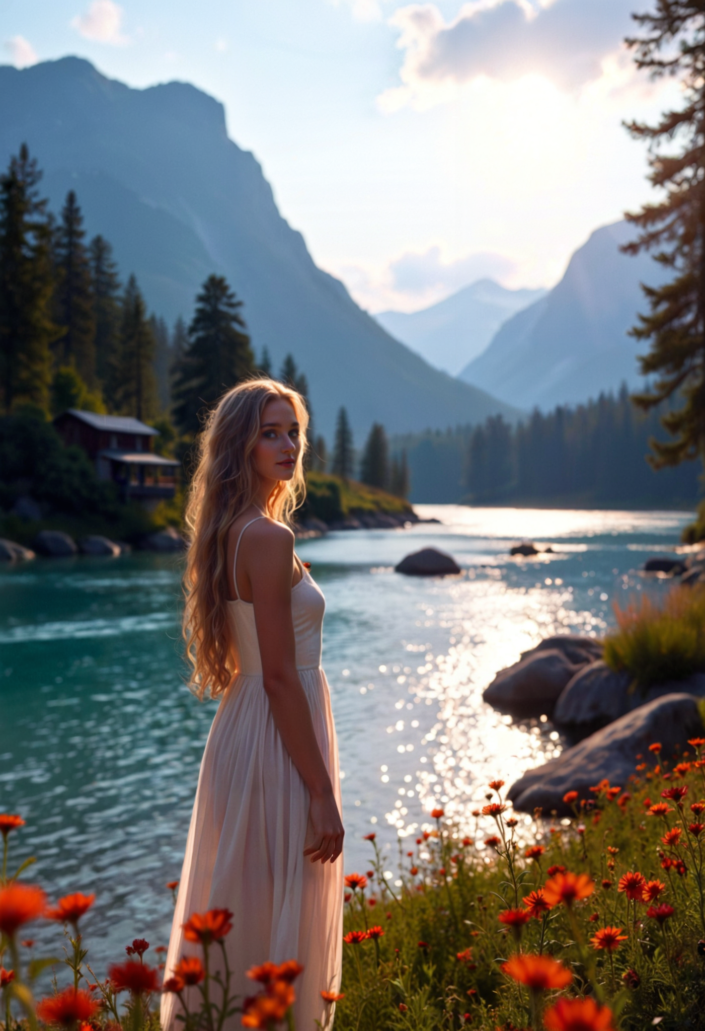 Cinematic film still a woman standing in front of a lake with mountains in the background and flowers in the foreground,, Anna Katharina Block, cinematic photography, a matte painting, art photography, cinematic photography, a photorealistic painting, mannerism, cinematic photography, a photorealistic painting, art photography, cinematic photography, a storybook illustration, figurative art, a photorealistic painting, rococo, elegant pose, a stock photo, romanticism, concept art, shallow depth of field, vignette, highly detailed, high budget, bokeh, cinemascope, moody, epic, gorgeous, flux-style, film grain, grainy. <lora:add-detail-xl:.5> <lora:Flux-style-xl-lora:.5>