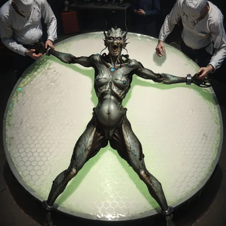 score_9, score_8_up, score_7_up,score_6_up, 1girl,  <lora:100_remo_4_pdxl:1> shkr_remodeltable, circular remodeling table,  on back, restrained, x pose, arms spread, legs spread,glowing table, [hexagon:0.3],   <lora:Banshee_-_Mass_Effect_-_Race_LoRA_-_Pony:0.8> bansheeme, monster, female monster, grey skin, sunken eyes, monster eyes, snarling, view from above, lab, faceless men