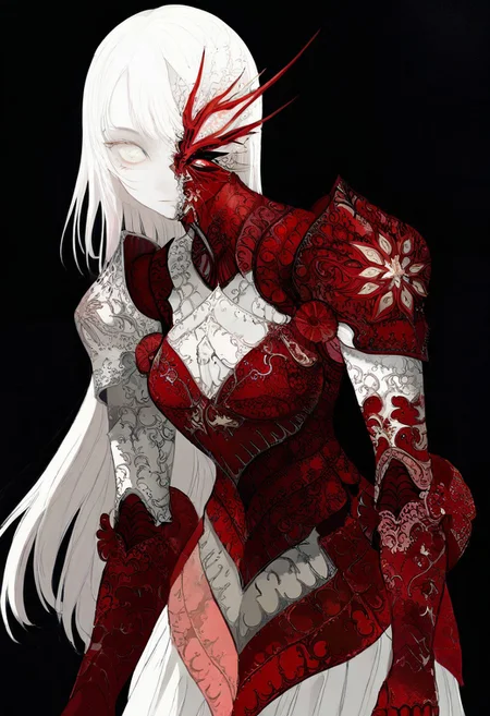 solo, looking at viewer, white eyes, plain black background, 1woman, solo, white hair, pale white skin, red armor, masterpiece, best quality, very aesthetic, absurdres
<lora:monfornoob:0.95>