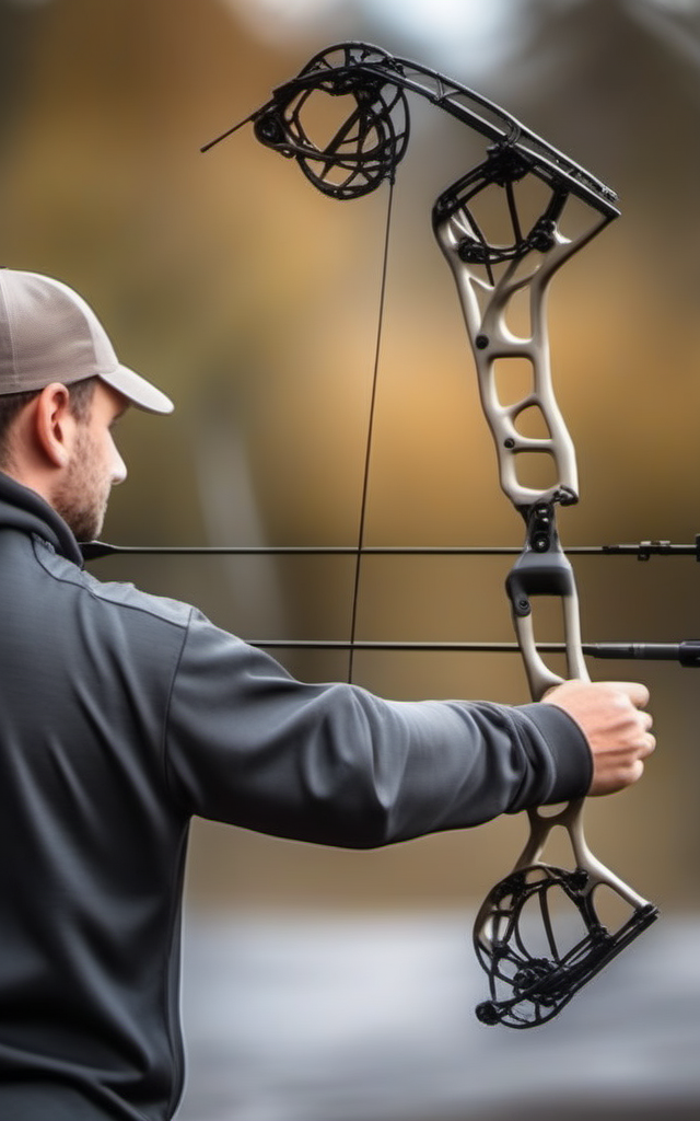 realistic photo, compound bow,  athletic 1person,  standing,  compound bow \(weapon\),  holding bow \(weapon\),  drawing compound bow, archery, plain background in the style of <lora:bow01_xl:1>, restore face, open eyes