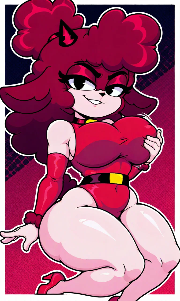 sheep_gf, red fur, horns, black eyes, fluffy hair, red heels, red leotard, belt, red arm sleeves || looking at viewer, smirk, 1girl, upper body, dynamic pose, masterpiece, best quality, amazing quality, very aesthetic, absurdres, newest, upper body, halftone effect, white borders, abstract background:1.2, wide hips, thick thighs, dynamic lineart, sexy pose, shortstack, flat color, simple, looking at viewer, grabbing own breasts, motion lines, looking at boobs, bouncing boobs,