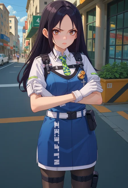 score_9, score_7_up, source_anime, BREAK annoyed, <lora:AESita:0.7> AESita, brown eyes, black hair, long hair, parted bangs, blue dress, green necktie, collared shirt, short sleeves, white shirt, white gloves, holster, walkie-talkie, belt, black pantyhose, thigh strap, cross-laced footwear, white footwear,