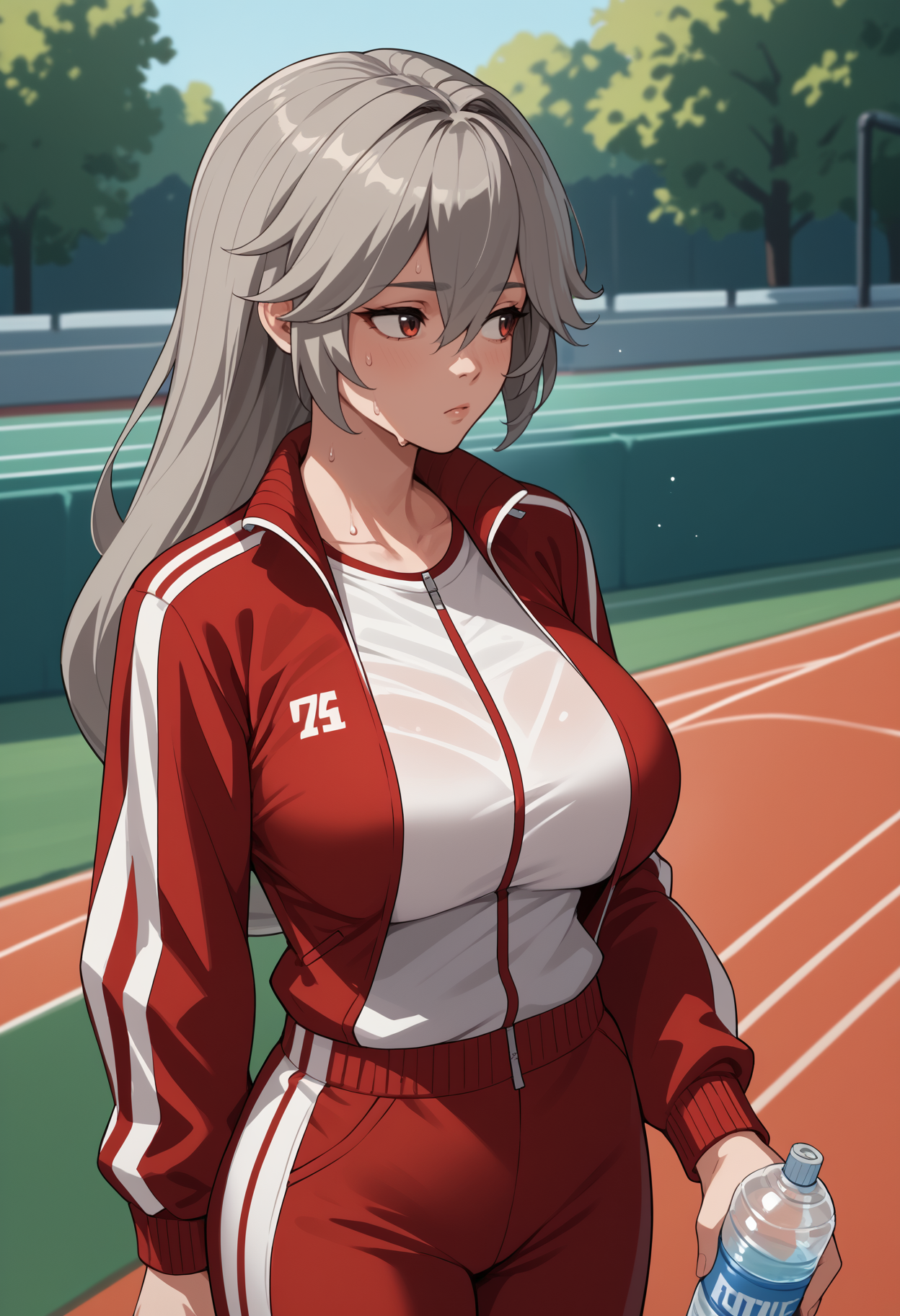 score_9, score_8_up, score_7_up, source_anime, <break> solo, 1girl, alexandrina sebastiane, sweat, looking away, holding water bottle, grey hair, track suit, red jacket, track jacket, red pants, large breasts, outdoors, park
<segment:yolo-face_yolov8m.pt,0.4,0.5//cid=1>