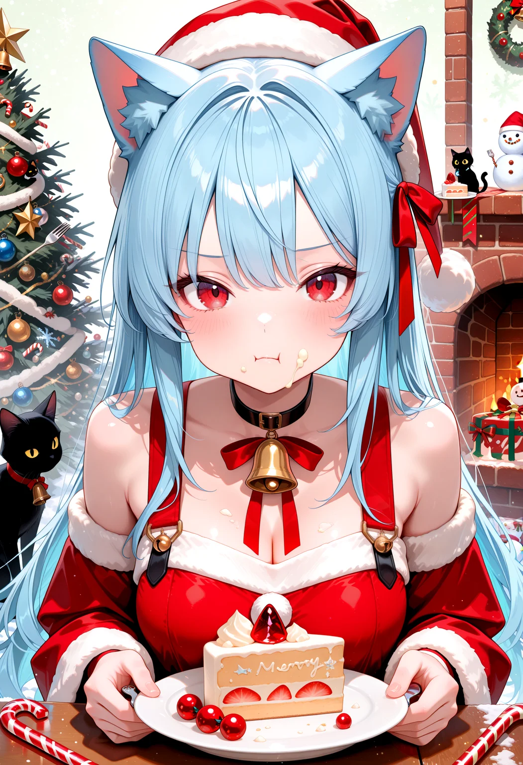 lazypos, 1girl, food, eating, cat, green background, cake, food on face, black cat, christmas tree, chimney, choker, ribbon, santa costume, animal ears, red eyes, candy cane, black choker, christmas, bell, christmas ornaments, fork, closed mouth, looking at viewer, frown, white background, long hair, red ribbon, holding food, plate, holding fork, cat girl, cat ear, blue hair, snowman, neck bell, cake slice, food on body, merry christmas, solo, blush, holding plate, A charming illustration by the artist kumo955, known for their whimsical and detailed style. It features a girl with vibrant blue hair and cat ears, dressed in festive attire that includes a red Santa hat and a matching outfit adorned with holiday-themed decorations. The background is filled with various Christmas elements such as candy canes, snowflakes, and other seasonal ornaments, creating a warm and cozy atmosphere. The overall composition captures the spirit of celebration and joy associated with the holiday season.