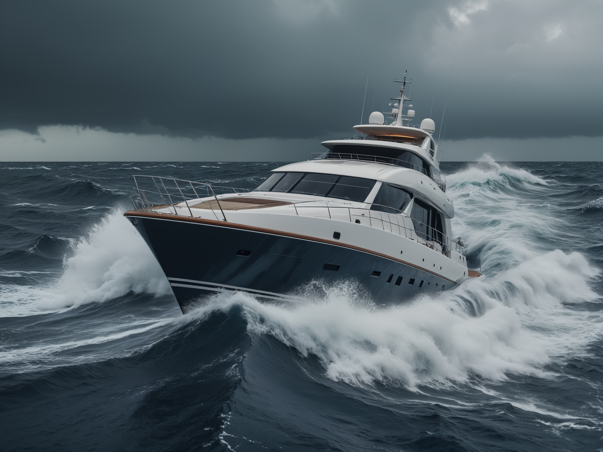 photo, cinematic, luxury yacht, sailing, wave, rough waves, thunder, splashes, cloudy, 4k, HD, best quality, 