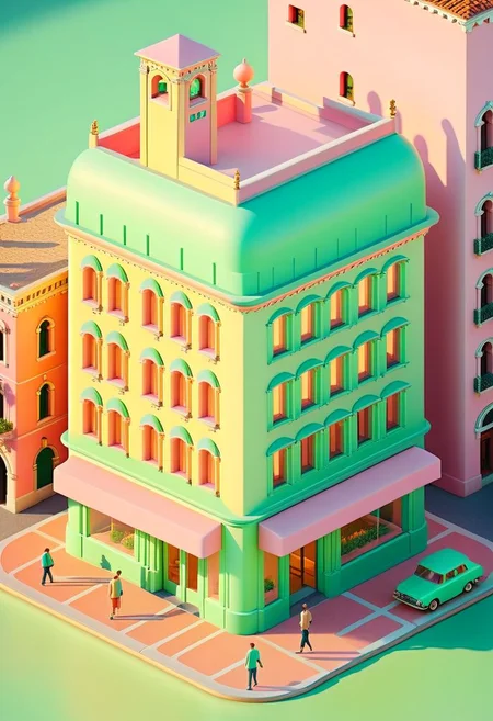 ispzxll, no humans, dioramaplant, isometric, miniature, futuristic soviet-inspired venice building street scene, seaform-green and pale-pink pastel colors, golden hour, long shadows, volumetric lighting style, pedestrians and cars, storefronts, epic architecture, ultra-detailed, 8k