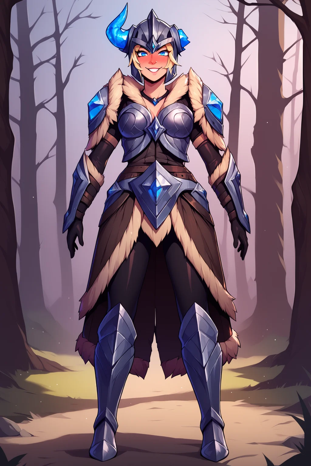 score_9, score_8_up, score_7_up, score_6_up, BREAK, SejuaniLoLXL, blue eyes, blonde hair, short hair, horned helmet, medium breasts, fur trim, armor, black bodysuit, shoulder armor, breastplate, guantlets, black elbow gloves, skirt, black pants, greaves, armored boots, solo, full body, standing, seductive smile, looking at viewer, naughty face, nose blush, forest <lora:SejuaniLoLXL:1>