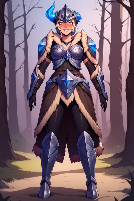 score_9, score_8_up, score_7_up, score_6_up, BREAK, SejuaniLoLXL, blue eyes, blonde hair, short hair, horned helmet, medium breasts, fur trim, armor, black bodysuit, shoulder armor, breastplate, guantlets, black elbow gloves, skirt, black pants, greaves, armored boots, solo, full body, standing, seductive smile, looking at viewer, naughty face, nose blush, forest <lora:SejuaniLoLXL:1>