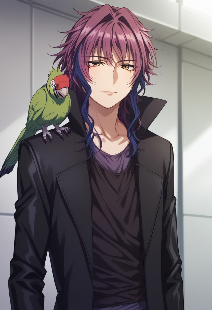 score_9, score_8_up, score_7_up, source_anime, highly detailed, 
yukari, 1boy, male focus, solo, multicolored hair, purple hair, blue hair, long hair, brown eyes, shirt, black shirt, purple shirt, long sleeves, coat, black coat, gloves, black gloves, bird, parrot, animal on shoulder, upper body
outdoor,