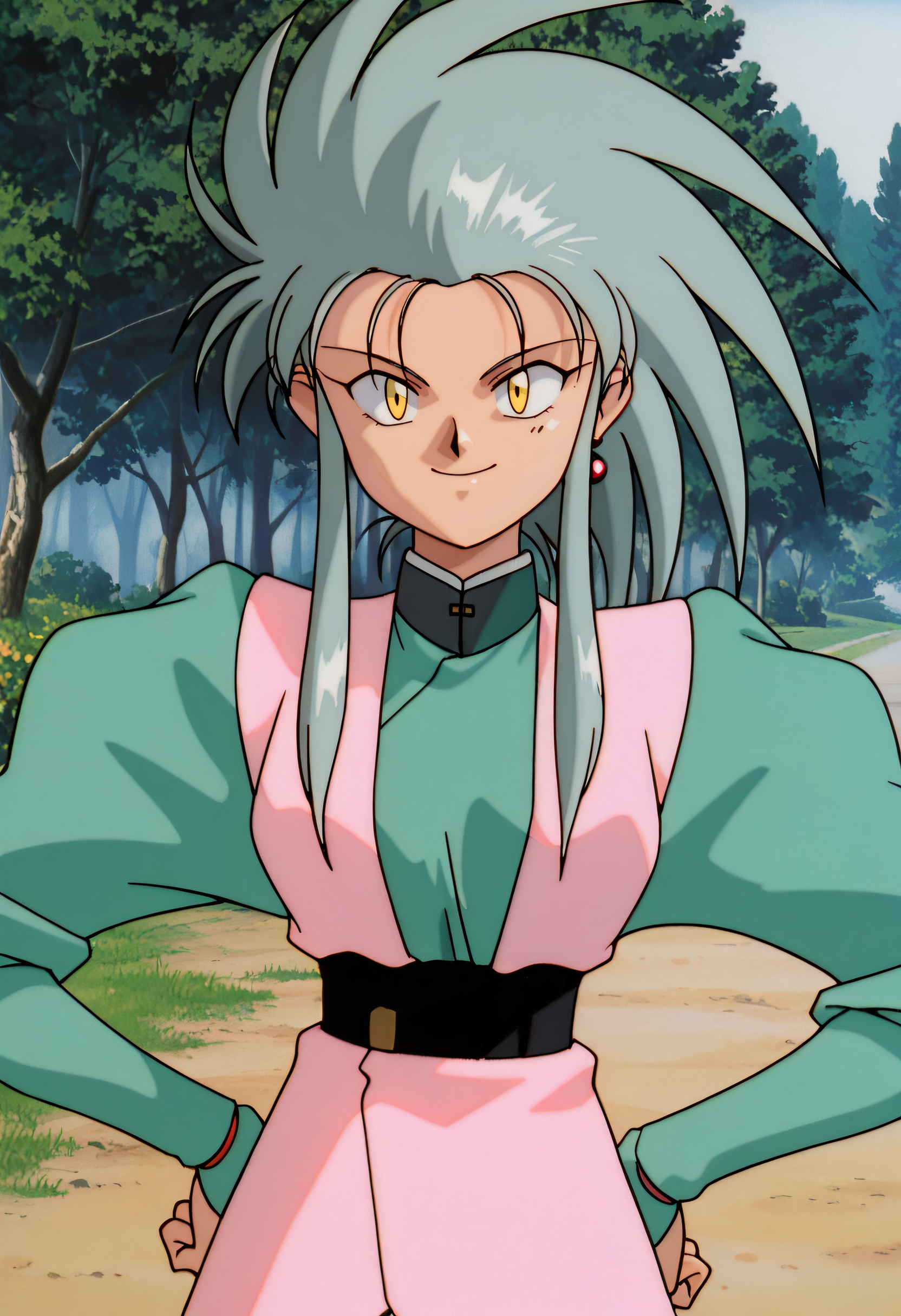 absurdres, masterpiece, best quality, very aesthetic, anime screencap, 1girl, solo, ry0, grey hair, spiked hair, long hair, sidelocks, yellow eyes, single earring, ry0greenoutfit, green dress, high collar, juliet sleeves, pink vest, black sash, belt buckle, looking at viewer, hands on own hips, outdoors, upper body, smile, <lora:Ryoko_Tenchi-Muyo_ilibibu_IL-v2-1:1>