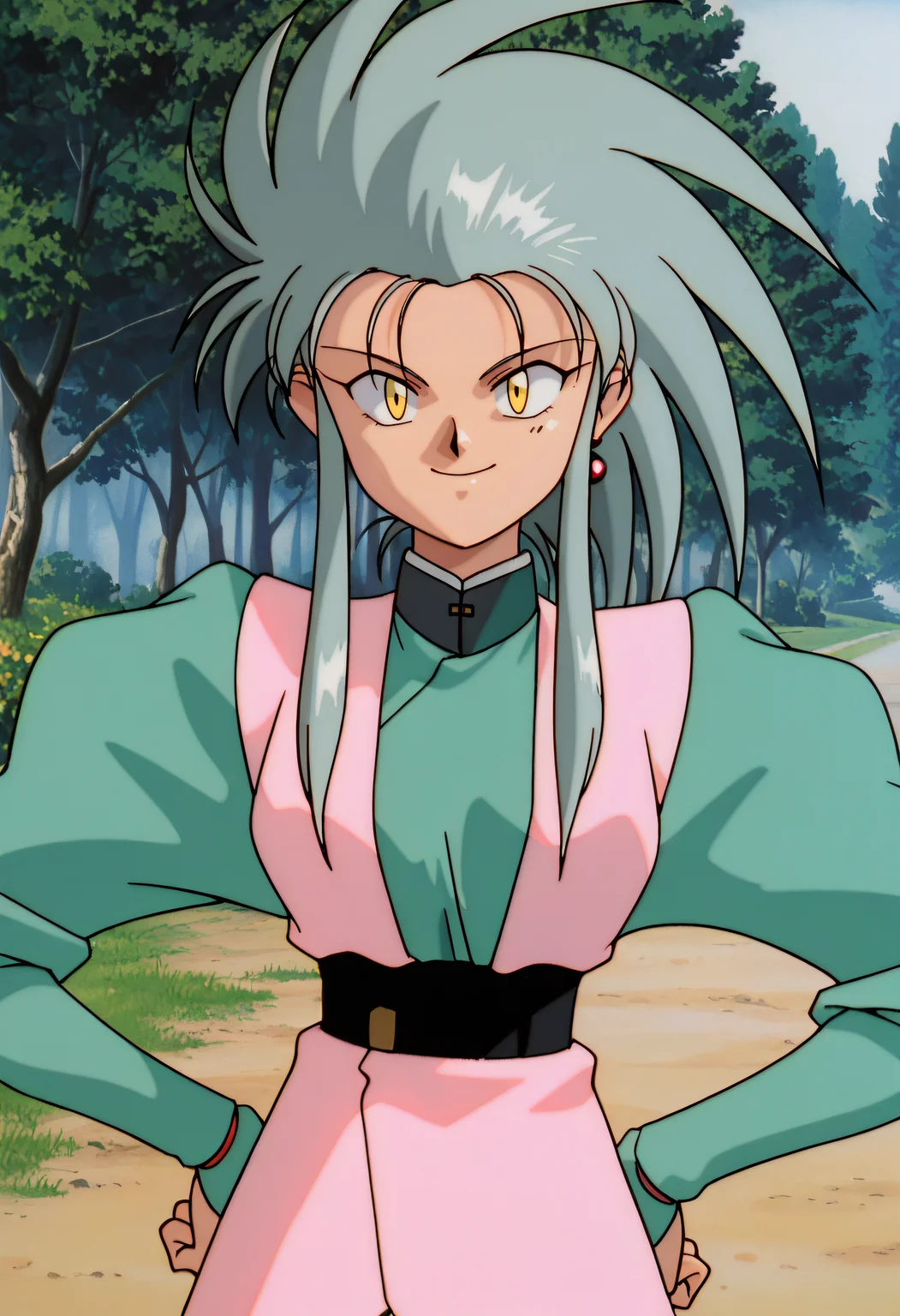 absurdres, masterpiece, best quality, very aesthetic, anime screencap, 1girl, solo, ry0, grey hair, spiked hair, long hair, sidelocks, yellow eyes, single earring, ry0greenoutfit, green dress, high collar, juliet sleeves, pink vest, black sash, belt buckle, looking at viewer, hands on own hips, outdoors, upper body, smile, <lora:Ryoko_Tenchi-Muyo_ilibibu_IL-v2-1:1>