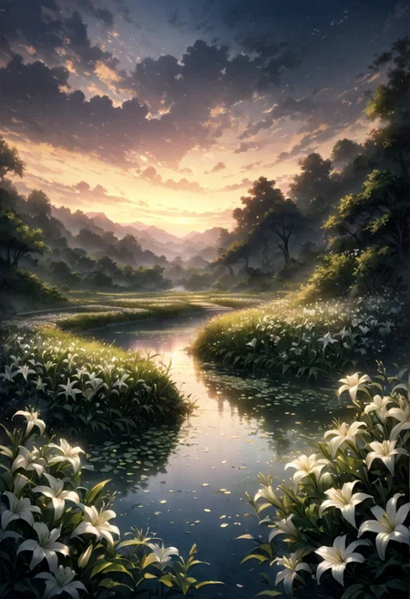 mm style detailed background,( mystical place, Calm landscape), amongst lush greenery, beautiful view, lily flower in full bloom, lily flower, early morning, sunrise sky, beautiful clouds, dappled sunlight, beautiful, Tranquil Lake, Walkway, petals dancing in the wind, depth of field, masterpiece, best quality, ultra-detailed, very aesthetic, illustration, perfect composition, intricate details, absurdres, moody lighting, wisps of light, no humans,