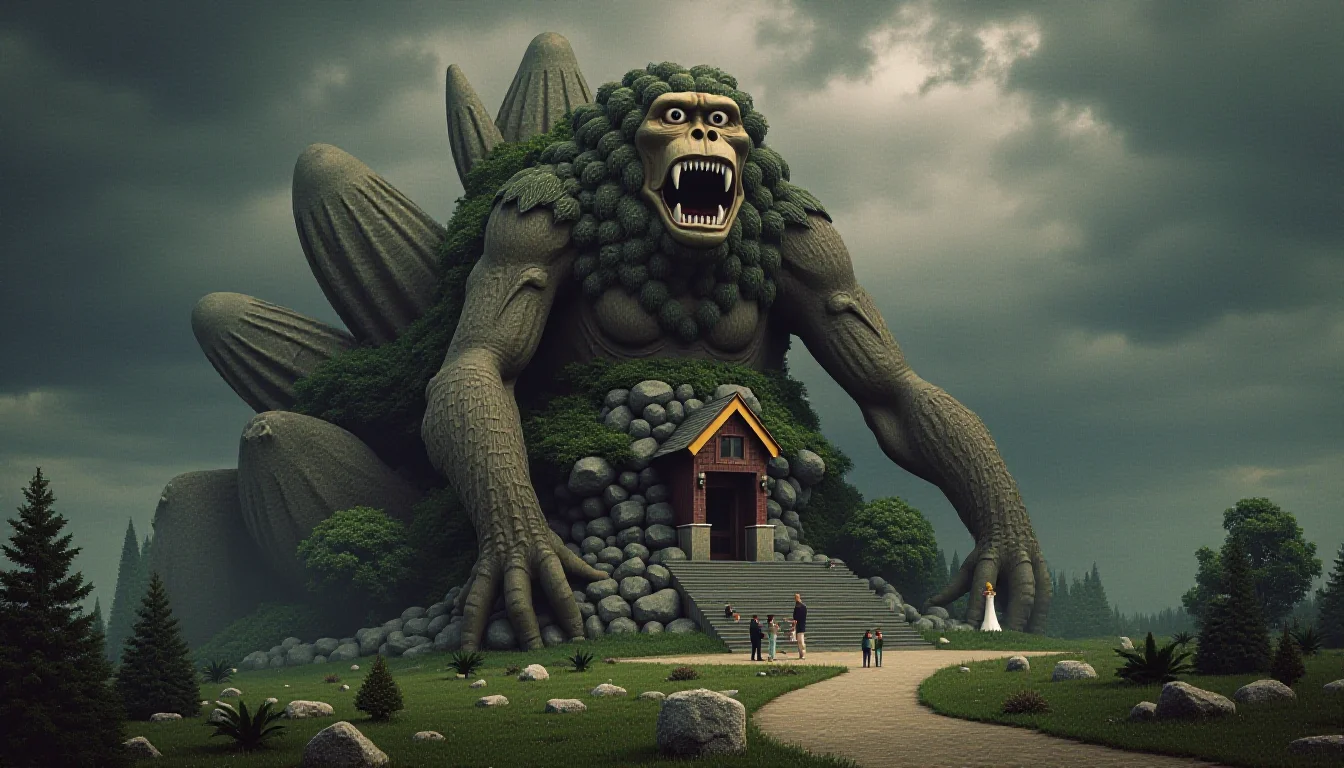 dark and unsettling dream showing a distressing scene of a traditional exploding novelty architecture building shaped like a rabid bigfoot, it is operating as a shrine in a heaven. . best quality, high resolution. created by genius but depressed mad artist. grim beauty