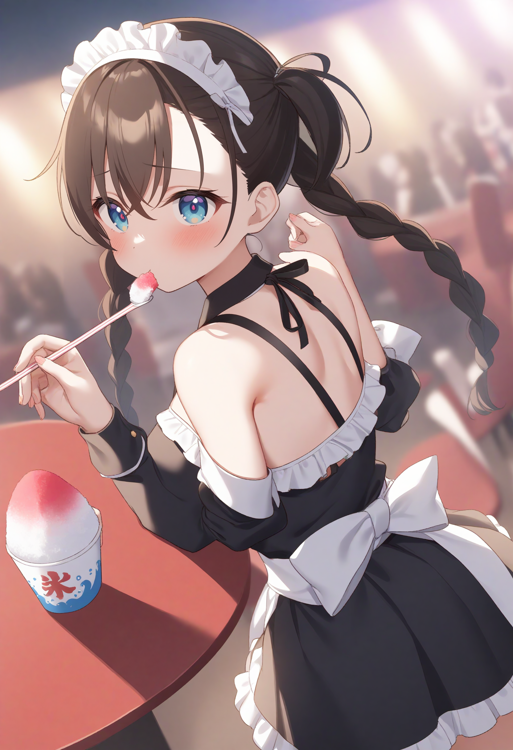 1girl,sincos, ningen mame, toosaka asagi,solo,large breasts,20yo,maid,maid headdress,
shaved ice,<lora:shavedice_XL_v1:0.8>
holding drinking straw, spoon straw, eating,
from behind, cinematic angle, looking back, brown hair, silver eyes,confused, party venue, closed mouth, twin braids hair,,
best quality, very aesthetic, absurdres