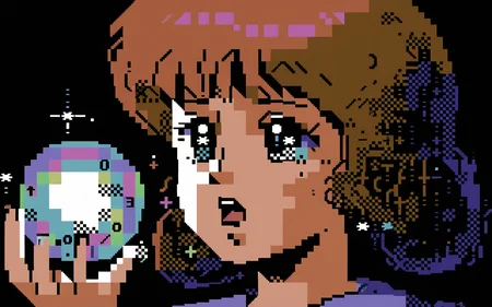 <lora:petscii:1.0> petscii, masterpiece, best quality, anime, 1980s \(style\), solo, headshot portrait, female, human, holding orb, glowing orb, :o, sparkles, black background,
