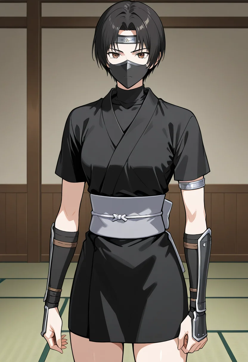 1girl, solo, linroninsoul, black hair, short hair, parted bangs, brown eyes, short kimono, black kimono, short sleeves, shirt, turtleneck, ninja mask, grey obi, grey sash, arm guards, silver armlets, japanese clothes, indoors, tatami room, serious, standing, cowboy shot
