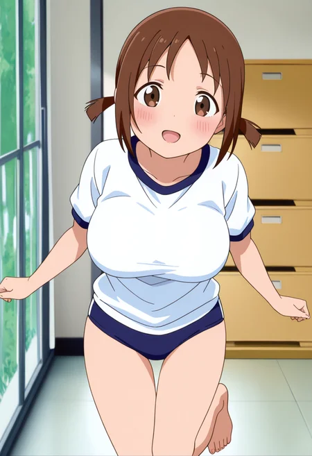 hinako_(issho_ni_training), brown hair, brown eyes, short hair, large breasts,
twintails, gym uniform, blue buruma, barefoot,
<lora:hinako_(issho_ni_training)_Noob-XL-Eps-1.1-v1:1>, masterpiece, best quality, newest, absurdres, highres, safe,, standing, (dynamic pose) , blush,
looking at viewer,cowboy shot,open mouth,light smile,
(indoors, )
