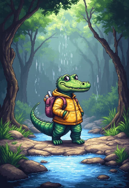 pixel-art
a sodden swamp, awash in the aftermath of a torrential downpour. Rivulets snake through the saturated undergrowth, gurgling cheerfully as they carry debris downstream. Droplets cling tenaciously to waxy leaves, refracting the dull light filtering through the tangled canopy above.
Into this soggy panorama steps a diminutive reptilian tyke, clad in a brightly colored slicker that strains comically at the buttons. Yellow polka dots clash violently with neon stripes, forming a psychedelic pattern that seems to vibrate independently of the wearer's movements. Strapped securely to its back is a pint-sized knapsack, stuffed to bursting with notebooks and crayons.
Head held high, nostrils flared defiantly against the pervasive scent of mud and rotting vegetation, the intrepid infant crocodile marches resolutely onwards. Waterlogged boots splash through shallow puddles, sending mini geysers spraying in all directions. Not once does the stalwart little soul falter, undeterred by the obstacles placed in its path.
For this braveheart is embarking on a monumental undertaking - its very first day of schooling!
...
blocky, pixel art style, 8-bit graphics, blocky, pixelated, vibrant colors, recognizable characters and objects, game assets, pixel-art,
aidmaMJ6.1, ArsMJStyle, Pixel Art