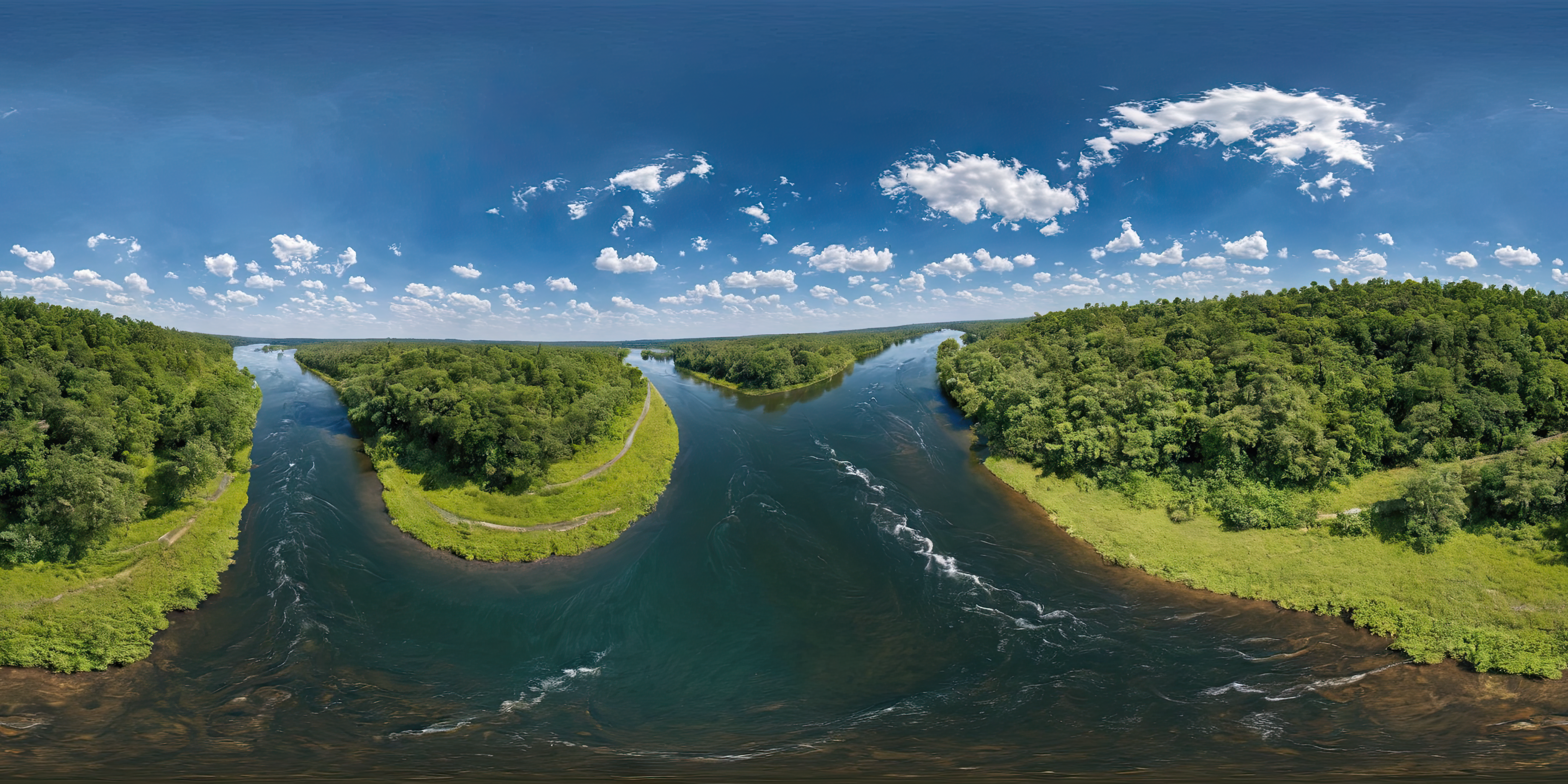 <lora:HMSGèªæå¨æ¯XL:1>,360panorama,Centered Horizon,No seams,<lora:åå½±XL:1>,An aerial snapshot capturing the harmonious coexistence of lush green trees and a meandering river. The river curves gracefully through the forest,a ribbon of glistening water reflecting the sunlight. Trees line the riverbanks,their canopies creating a vibrant contrast against the clear blue of the moving water. This tableau from above showcases nature's artful arrangement,inviting an appreciation for the way the river nurtures the landscape and carves out a path through the verdant surroundings,