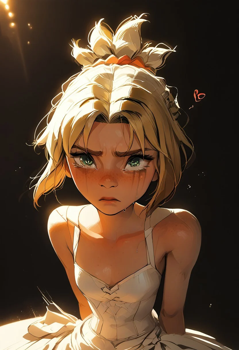 Source_anime, a woman, cute perfect face, (score_9, score_8_up, score_7_up), 1girl, 18 years old, petite, [shortstack], narrow waist, small hips, gorgeous girl ,kawai girl,  glitter makeup, oiled body, sweaty, blonde hair, short hair, ponytail, red scrunchie cute face, cute girl, looking at viewer, Expressiveh, 1girl. sweat, crying, ruined mascara, angry, sad, tears, looking at viewer, large and thin neck, thin, fit body, small ass, small waist, short hair small chest, wide eyes, green eyes, freckles, blonde hair, short hair, Ponytail, small perky breasts, flat chest, young face, kinky, adorable, petite, DB_Senya dress, wedding dress, round face, 18 years old, cutest girl in the world, cleavage, looking up, volumetric lighting, dramatic lighting, high contrast, horny, head tilted back, raw, depth of field, loving look, looking up, relaxed mouth, noises, sound effects, motion lines, action effects, hearts, floating hearts,(slim fit), , blurry background, light particles, ethereal, rating_explicit, dynamic angle, ncpy13 style, pastels drawing, dark background, motion lines, motion blur