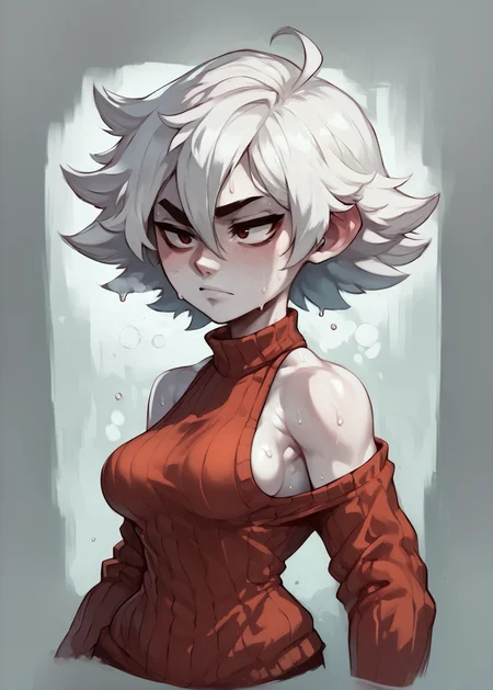white skins, spiky red short tomboy hair, neutral expression, tight sweater, <lora:NAHIRI:1> nahiri, 1girl, solo, short hair, breasts, bare shoulders, white hair, colored skin, side boob, sweaty, underbob  <lora:Huffslove_Style_PonyXL:1> shortstack, source_anime, score_9_up,  score_7_up, score_8_up