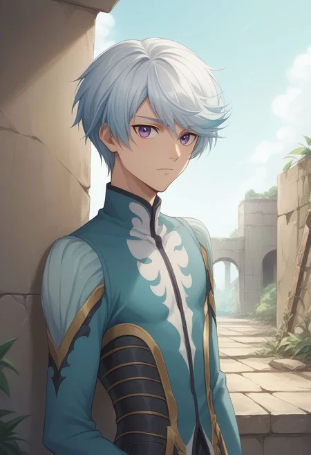 score_9, score_8_up, source_anime, highly detailed, 1boy, solo, male_focus, slender, skinny,
mikleo, 1boy, male focus, solo, purple eyes, light blue hair, looking at viewer, upper body,
outdoor, ruins,