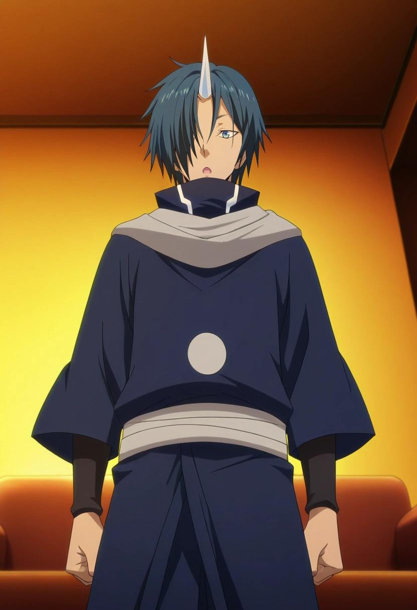 masterpiece, best quality, anime screencap, official style, anime coloring, cowboy shot, 1boy, solo, male focus, <lora:souei_tensura_ilxl:0.92>, souei_tensura, blue hair, blue eyes, hair over one eye, single horn, scarf, japanese clothes, from below, living room, couch, dusk, standing, :o,