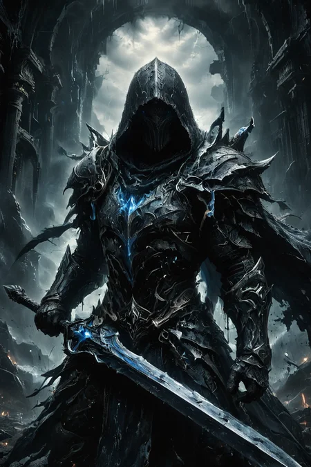 A dark and mysterious warrior stands amidst a stormy landscape, clad in tattered, hooded armor that exudes a menacing aura. The warrior holds a large, glowing blue sword crackling with energy, which illuminates the surrounding darkness. Lightning bolts strike the sky behind the figure, casting dramatic light and shadows. The rain pours down heavily, adding to the intense atmosphere. The overall scene is highly detailed, capturing the eerie and powerful presence of the warrior. The background features ruins and rocky terrain, enhancing the post-apocalyptic, fantasy setting. rain, raining, Assassin's Creed style, (fog, cloak, gray armor:1.3), 
<lora:zavy-cntrst-sdxl:0.85> dark, chiaroscuro, low-key,
<lora:WildcardX-XL-Detail-Enhancer:0.6>,
<lora:glowneon_xl_v1:0.5> glowneon, glowing, sparks,
<lora:XL_Weapon_Sword_-_By_HailoKnight_2:0.6> Wielding sword,
<lora:The_Dark_Side_Of_The_Future:0.6>,