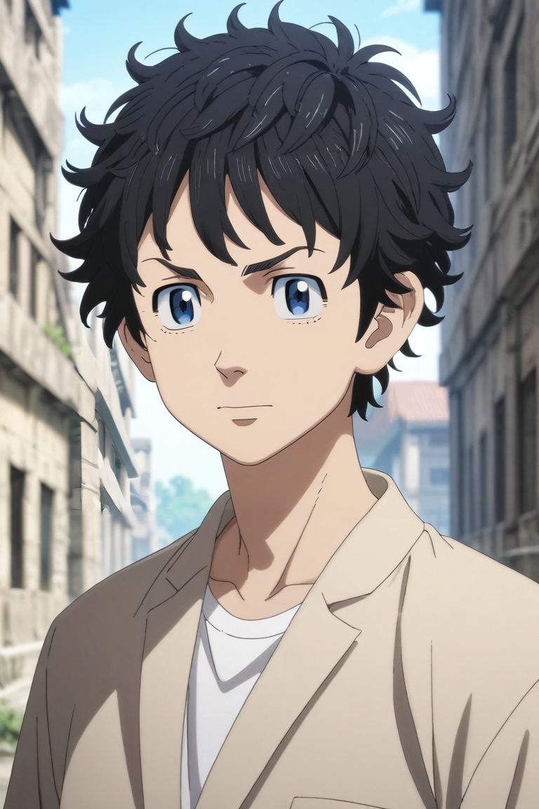 score_9, score_8_up, score_7_up, source_anime, rating_safe, intricate details, (3d:0.4), , depth of field, 1boy, solo, male focus, <lora:takemichi_hanagaki_pony:1>, takemichi_hanagaki, black hair, blue eyes, short hair, messy hair, rule of thirds, ancient ruins, noon, arm support, relaxed, , <lora:sdxl_lightning_8step_lora:1>