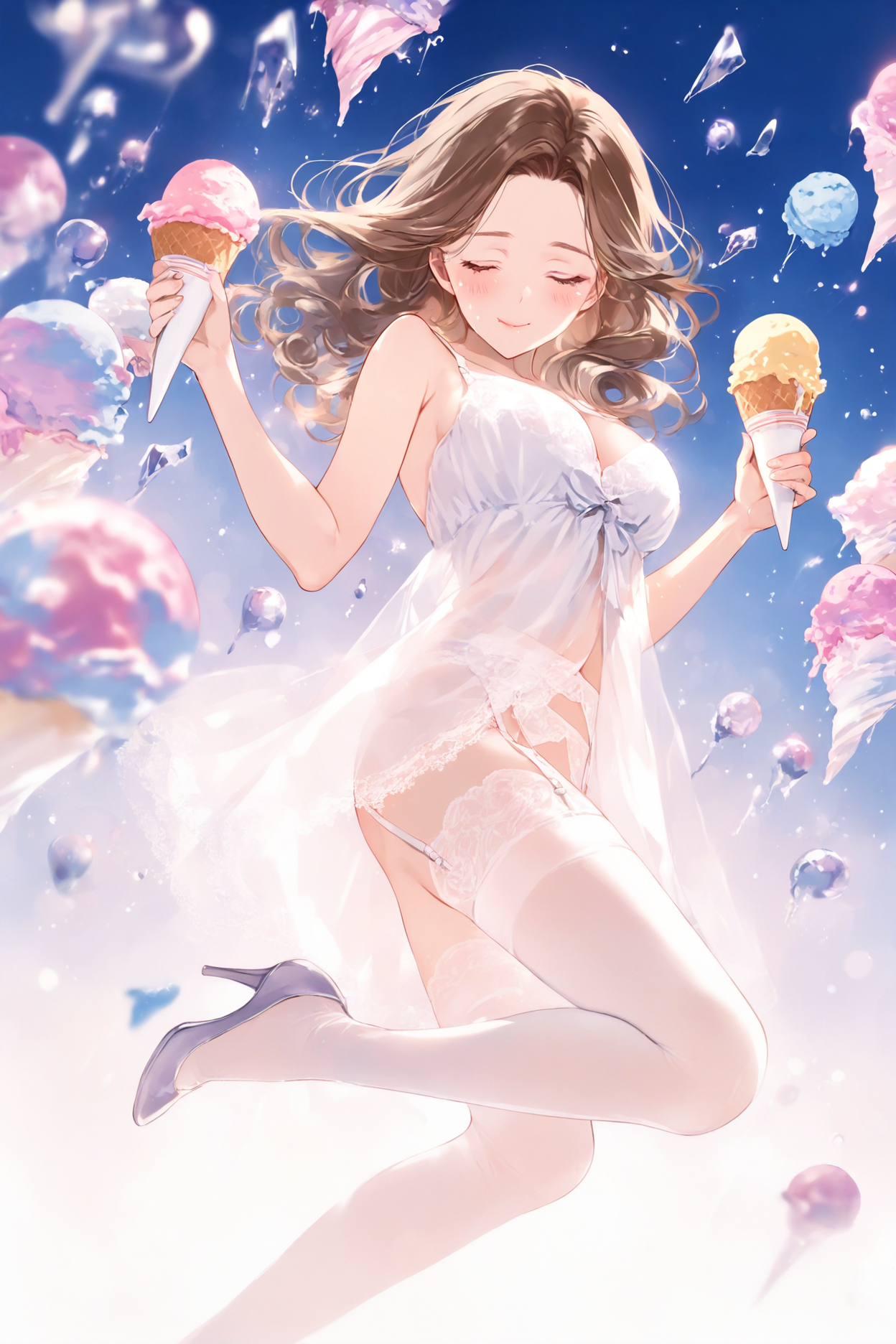 1girl, mature woman, curly brown hair, gentle smile, closed eyes, enjoying, blushing, pale skin, delicate lace clothing, white lingerie, stockings, garter belt, high heels, ice cream in hand, melting ice cream on lips BREAK soft focus, warm lighting, pastel colors, shallow depth of field, masterpiece, best quality, absurdres