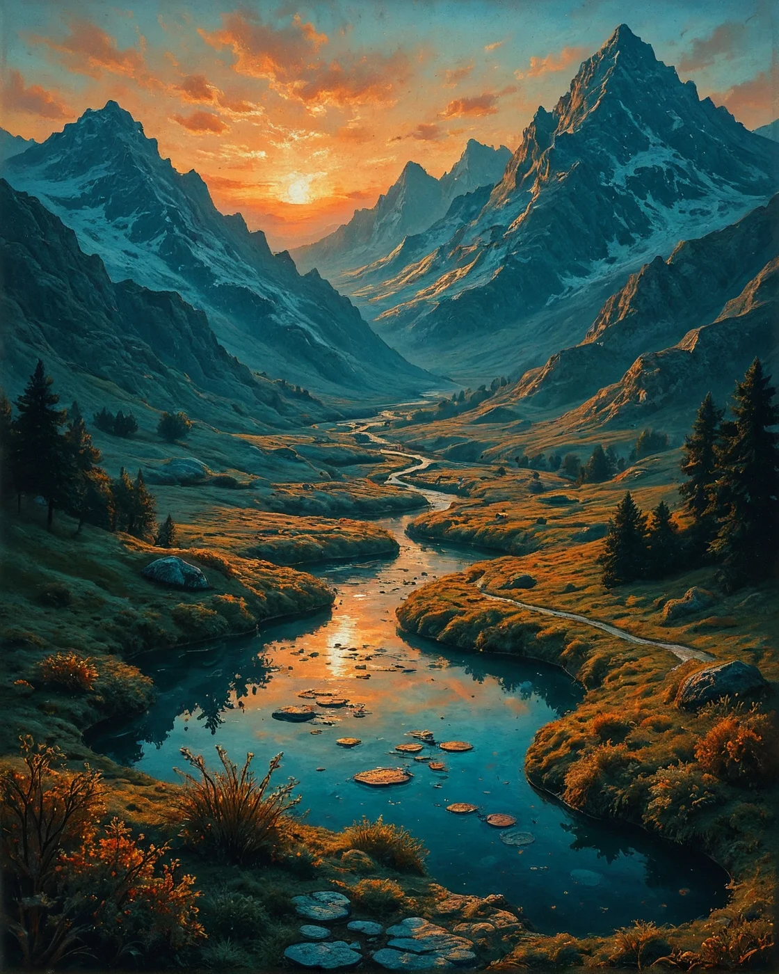 Surreal Landscape, Creator Landscape,
(style ofHans Gude (Nordic waters)), Granite mountain range at twilight, water striders on pond, medieval boundary cross,
<lora:ClassipeintXL2.1:0.765> oil painting,
<lora:extremely_detailed:0.436> extremely detailed,
<lora:add-detail-xl:0.292>,
<lora:dreamshaperXL10_lora:0.546>,
<lora:Flux-XL_Scenery: 0.599> flux-scenery,
detailxl,
advntr,