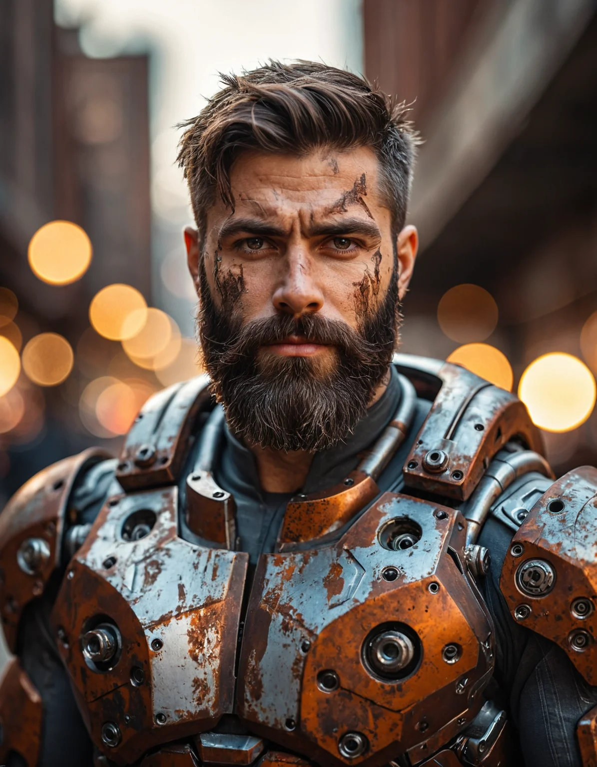 Portrait photo of muscular bearded guy in a worn mech suit, ((light bokeh)), intricate, (steel metal [rust]), elegant, sharp focus, photo by greg rutkowski, soft lighting, vibrant colors, (masterpiece), ((streets)), (detailed face:1.2),