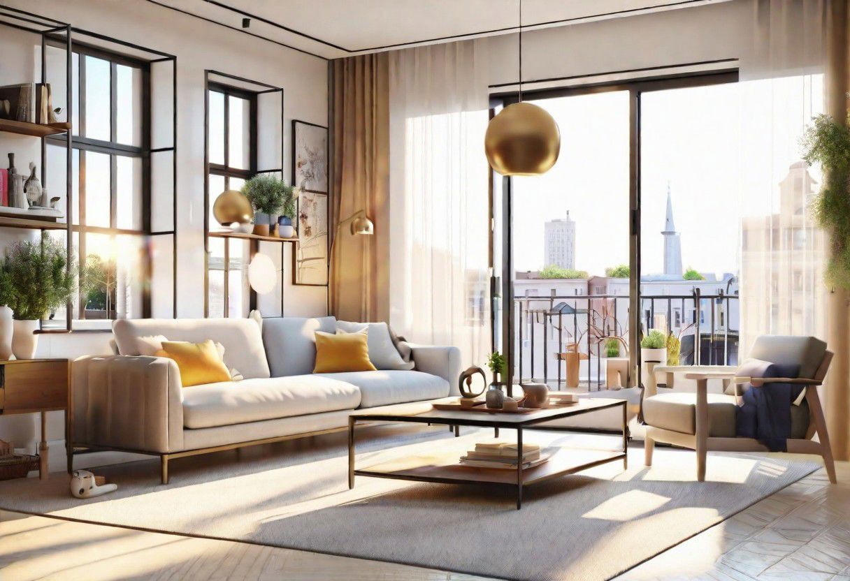 ((front view)), Shallow scene, ((animation style)), modern-style interior, with white walls, (large windows), Nordic-style furniture, a  study, Sofa, coffee table, bookcase, single wall, 
warm light morning sun, (the view of the city)