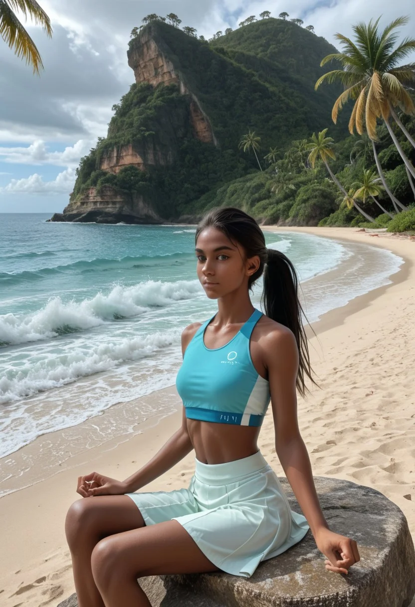 1girl, Masterpiece, 8k, ultra high detail, score_9, score_8_up, score_8, medium breast size, sporty long deepblack ponytail hair, fcNeg, stunning green eyes, native american skin, tan skin, small nose, innocent beauty, cute face, athletic body, perfect body, extreme detailed body, perfect face, ultra high detailed face, perfect eyes,
Frontview,
Sport clothes, sport top, sporty skirt, running, active Sport, beach, tropical, tropical beach, Island, waves,
Meditation, Meditation pose, sitting on a rock, sitting,