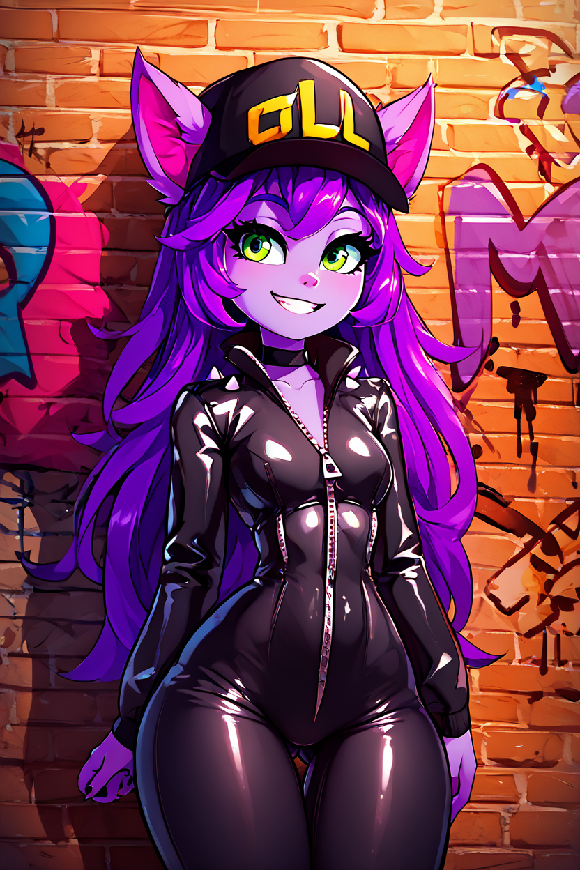 score_9, score_8_up, score_8, medium breasts, (curvy), cute, eyelashes,       BREAK, ,  <lora:LuluLeagueoflegendsPDXL:0.8>, zzLulu, long hair, bangs, animal ears, green eyes, purple hair, colored skin, purple skin, long sleeves, hat, ears through headwear, yordle, , BREAK, smile, looking at viewer,  leather jacket, leather pants, black jacket, tight pants, black choker, zipper, biker clothes, spikes,  multiple belts, shiny clothes, high collar, (graffiti:1.2), brick wall, cowboy shot, embedding:zPDXL, Expressiveh, <lora:theOtherHalfPDXL:0.8>,  <lora:CatalystStylePDXL:0.6>,  <lora:SDXLFaeTastic2400:0.5>,  <lora:Expressive_H-000001:0.4>,