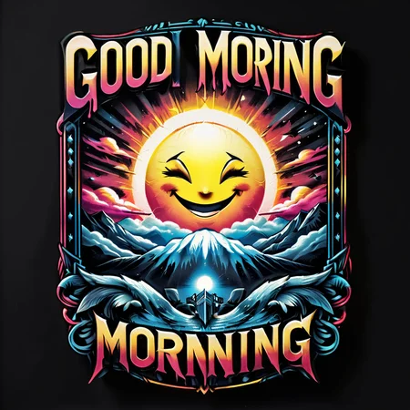 impactful color paint of a smiling sunrise, (Text "GOOD MORNING") , highly detailed, vibrant colors , 8k, sharp, professional, clear, high contrast, high saturated, , vivid deep blacks, crystal clear, <lora:Rock_Metal_Style:1>