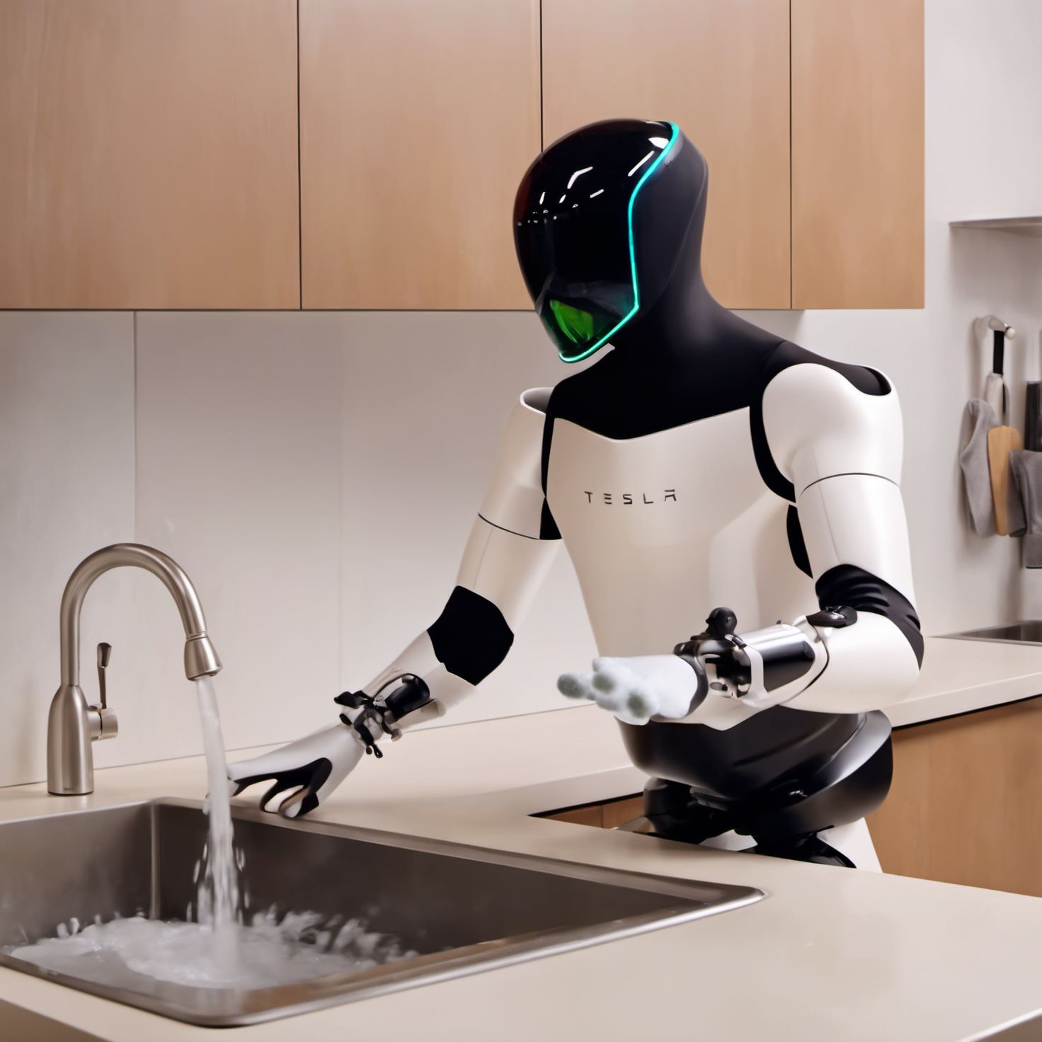 1robot, teslabot, gen-2, washing dishes (chores), soapy sink, sink full of dirty dishes and soap bubbles, cleaning, sink faucet on (water), side angle shot, teslabot holding sponge and plate, kitchen, masterquality, photograph, high quality, proportional, focused, hyperrealistic                                                         <lora:teslabot:0.95> <lora:perfect hands:1>