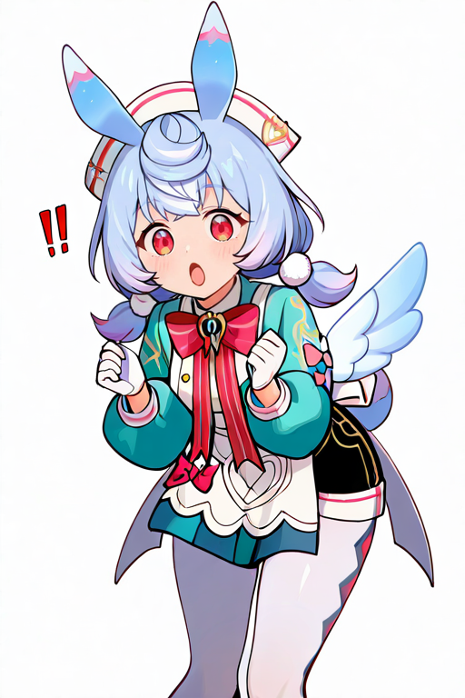 masterpiece, High quality, Ultra detailed, 2d, newest, absurdres, highres, BREAK
1girl, solo, <lora:sigewinne:0.8>, low twintails, pom pom hair ornament, blue hair, white headwear, animal ears, red eyes, 
small breasts, sigewinneDef, long sleeves, white apron, aqua shirts, red bowtie, puffy sleeves, white gloves, shorts, black shorts, apron ornament, striped bows, white pantyhose, wings, back white bow, short tail, 
looking at viewer, surprised, !!, open mouth, hands up,