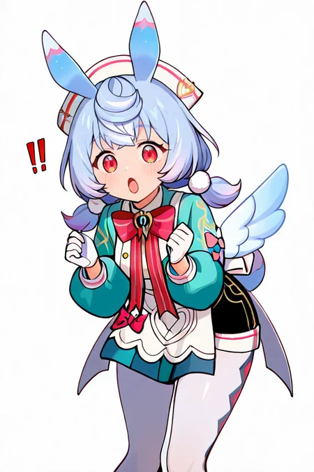 masterpiece, High quality, Ultra detailed, 2d, newest, absurdres, highres, BREAK
1girl, solo, <lora:sigewinne:0.8>, low twintails, pom pom hair ornament, blue hair, white headwear, animal ears, red eyes, 
small breasts, sigewinneDef, long sleeves, white apron, aqua shirts, red bowtie, puffy sleeves, white gloves, shorts, black shorts, apron ornament, striped bows, white pantyhose, wings, back white bow, short tail, 
looking at viewer, surprised, !!, open mouth, hands up,