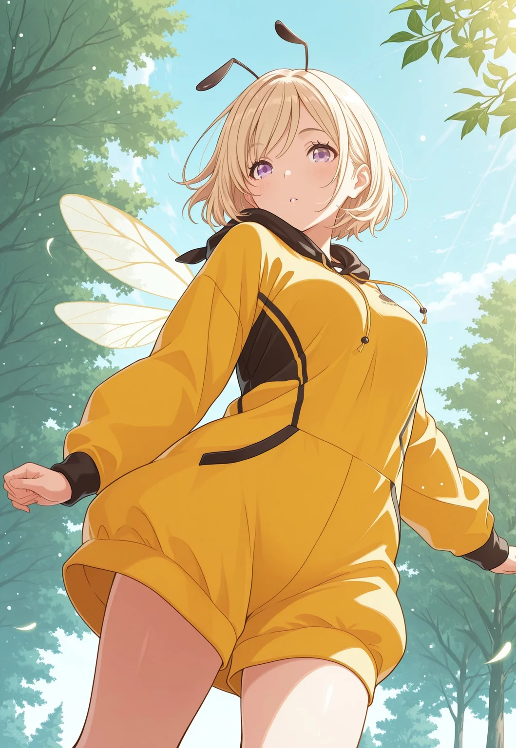 (establishing shot:1.2), 1girl, bee costume, bee antennae \(anatomy\), bee wings, flowers, from below, wind lift, park, tree, day, sky,looking at viewer, wind, masterpiece, best quality, ultra-detailed, best illustration, soft lighting, light particles, glow, shiny hair, detailed background, dynamic lighting, volumetric lighting, dynamic pose, dynamic angle,