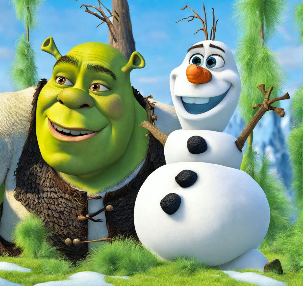 Shrek playing with olaf in a frozen field DreamDisPix style <lora:SDXL-DreamDisPix-Lora-r32:0.8>