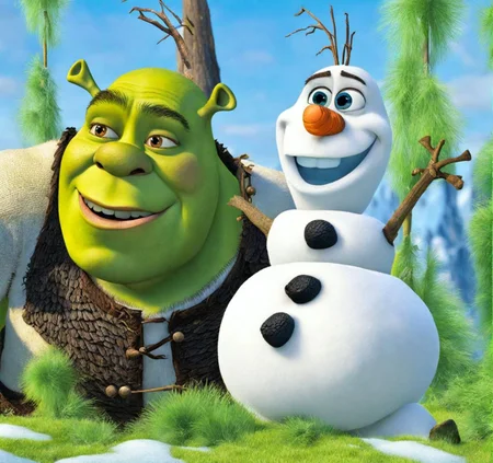 Shrek playing with olaf in a frozen field DreamDisPix style <lora:SDXL-DreamDisPix-Lora-r32:0.8>