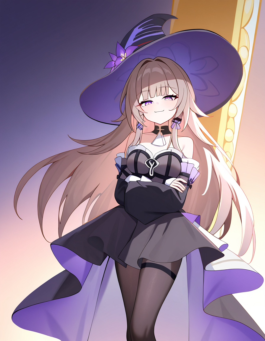 masterpiece, best quality, newest, absurdres, highres, safe,, <lora:the-herta-illustriousxl-lora-nochekaiser:1>, the herta, the herta (honkai: star rail), brown hair, long hair, purple eyes, medium breasts,, bare shoulders, black dress, black hat, detached sleeves, hat, hat flower, hat ornament, long sleeves, pantyhose, witch hat, carousel, horses, ride, music, fun, smile, crossed arms, smug, looking at viewer, solo,, cowboy shot, solo