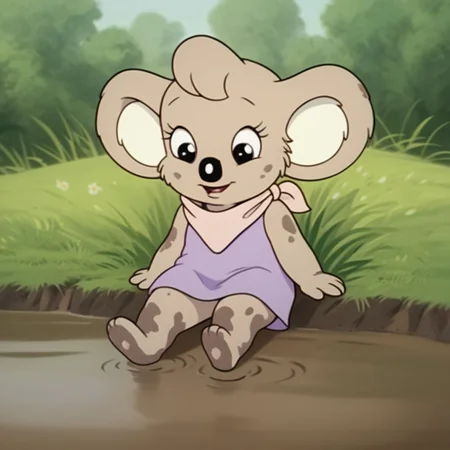 score_9, score_8_up, score_7_up, score_6_up, score_5_up, score_4_up, source_furry, Nutsybbv2, semi-anthro, female, Koala, tan fur, purple dress, pink neckerchief, sitting, outside, covered in mud